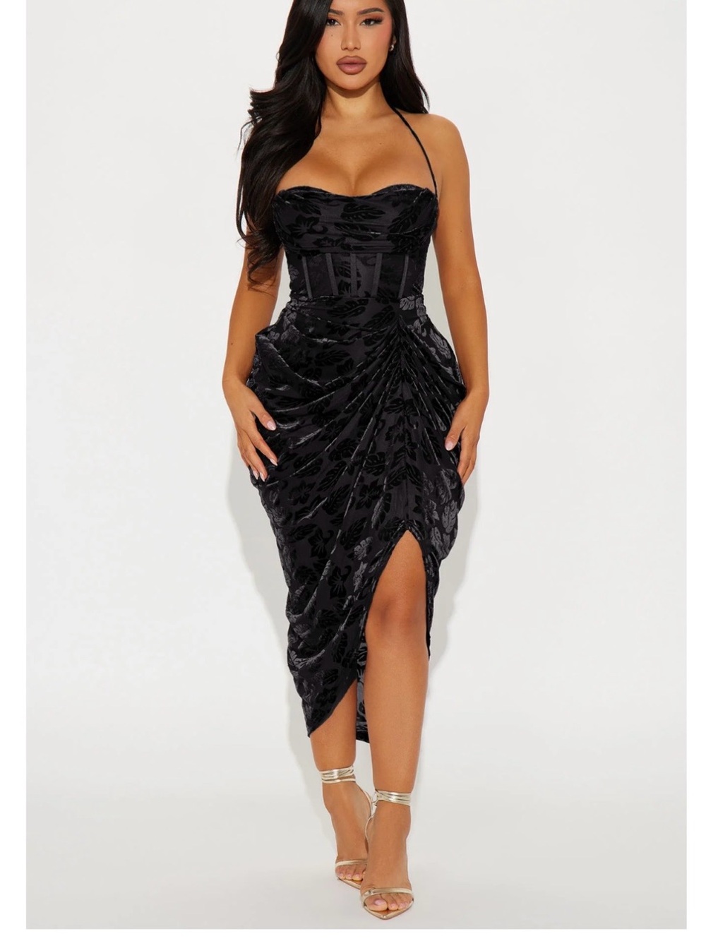 Honolulu Evenings Velvet Midi Dress - Black